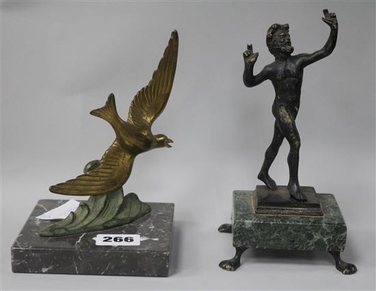 An Art Deco figure of a jay and bronze of Pan 16.5cm, 18.5cm